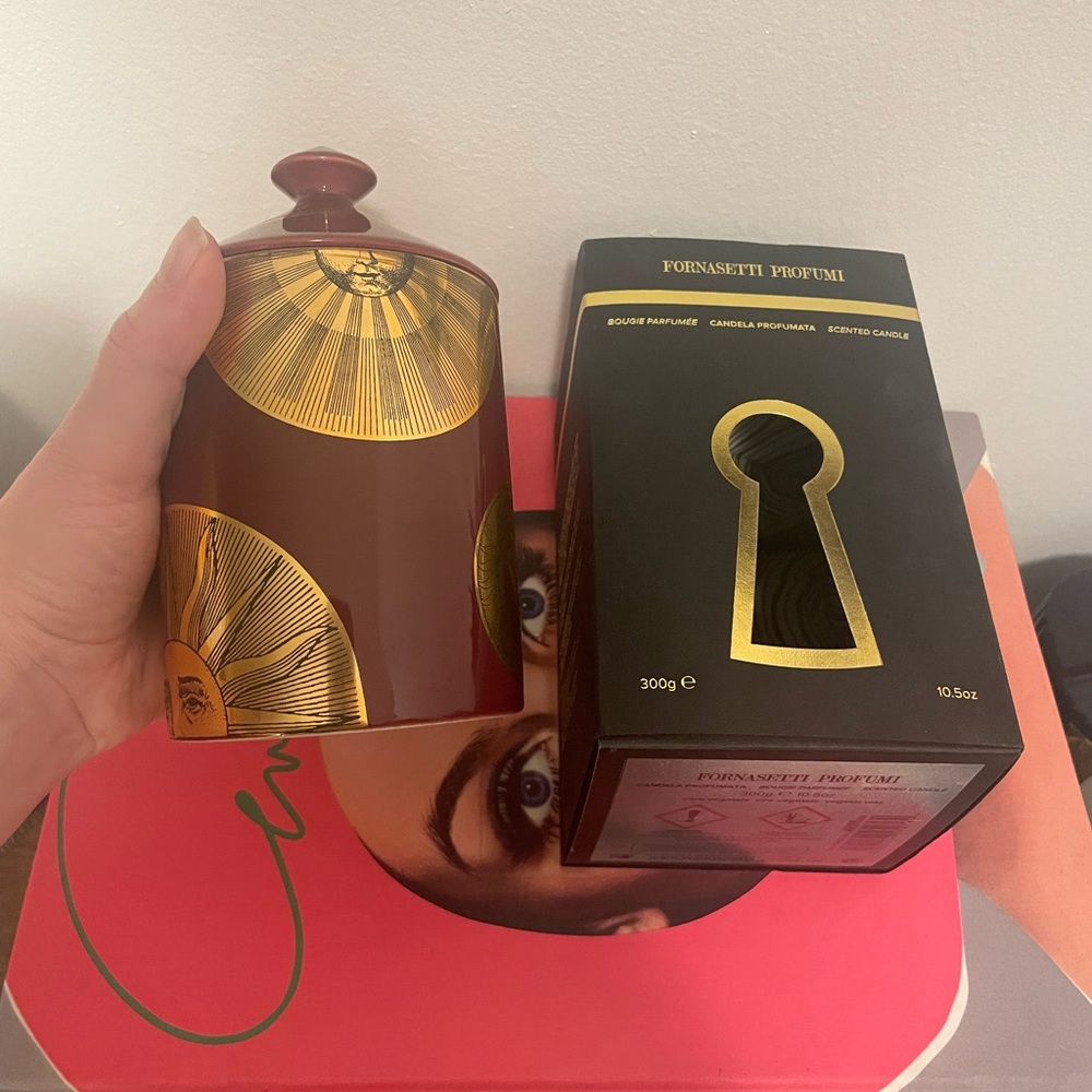 Fornasetti Profumi Candle in Maroon & Gold. Brand New in Original Packaging
